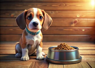 curious puppy sits beside bowl filled with dog food, eagerly looking toward it. warm wooden background adds cozy feel to this adorable scene