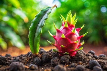 Wall Mural - Young dragon fruit seedling growing in soil, showcasing vibrant green leaves and healthy roots