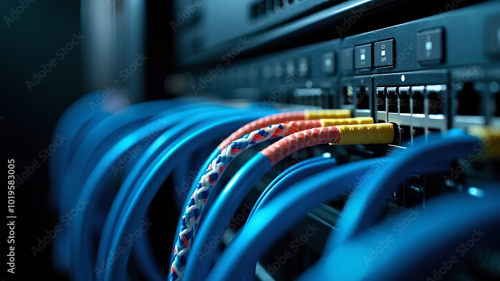 Server rack with fiber optic cables attached to panel switch ports ...