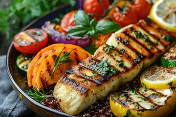 A plate of grilled fish and vegetables with a lemon wedge on the right