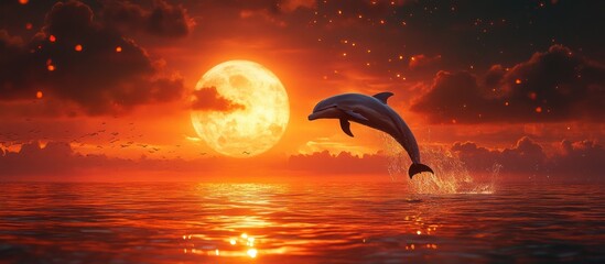 Wall Mural - A dolphin leaps out of the water in front of a large full moon in a red sunset.