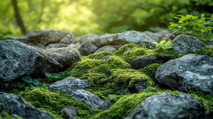 Aufkleber - Beautiful Bright Green moss grown up cover the rough stones and on the floor in the forest Show with macro view Rocks full of the moss texture in nature for wallpaper soft focus : Generative AI