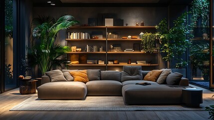 Interior of stylish living room with sofa and shelving unit at night : Generative AI