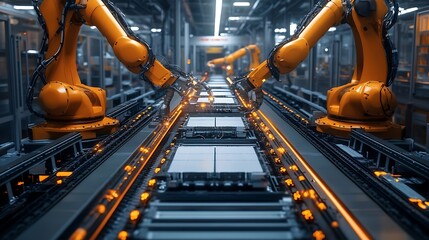 Poster - Modern EV Factory On Automated Production Line Robot Arms Transporting Automotive Battery Modules onto Conveyor Belt Electric Car Battery Pack Manufacturing Process : Generative AI
