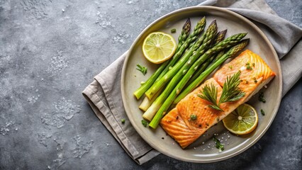 Baked salmon and asparagus served on a gray background, salmon, asparagus, food, healthy, delicious, meal, seafood, gourmet