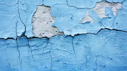 Close-up of peeling blue paint with cracks and exposed surface