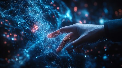 Fototapete - Digital cyber era technology concept Human hand touching interconnected polygons of massive amounts of data glowing on a dark blue background New innovations that are coming to change  : Generative AI