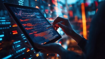 Leinwandbilder - Software engineer using digital tablet with cyber security network computer code on virtual screen interface Data science machine learning of artificial intelligence digital software d : Generative AI