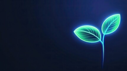 A neon plant with two glowing leaves in 3D line art, rendered against a dark background with neon colors, symbolizing growth, sustainability, and clean energy in a high-resolution, futuristic design