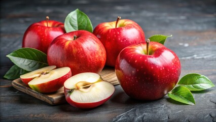 Whole and pieces of red apple with leaves , fresh, organic, fruit, healthy, apple, red, sliced, juicy, vibrant, close-up