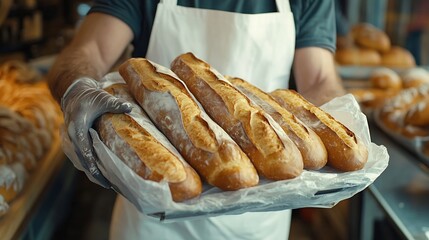 Close up small business owner baker homemade prepare packing french baguettes for customer Small business homemade bakery at home : Generative AI