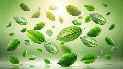 Green leaves floating and dancing in the air, symbolizing organic and natural ingredients for healthy products, green, leaves