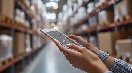 Leinwandbilder - Business Logistics technology conceptMan hands using tablet on blurred warehouse as background : Generative AI