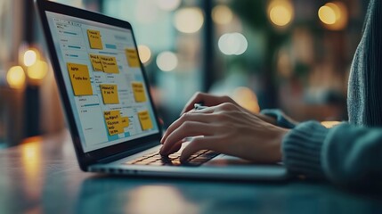 Poster - Business developer using Kanban board framework on laptop computer Agile software development lean project management tool project management business development concept : Generative AI