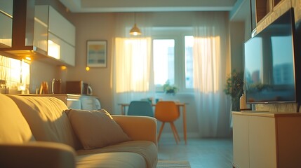 Aufkleber - Beautiful studio apartment which has living room kitchen and same area with blank wall Home products background Backdrop Indoors Interior : Generative AI