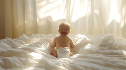 mother and child on a white bed mom and baby boy in diaper playing in sunny bedroom parent and littl
