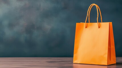 Bright orange shopping bag on wooden table with a textured background, perfect for retail and shopping themes.