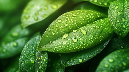 Poster - A natural texture of the leaves Closeup of a Dewdrop on a fresh juicy Lily of the valley leaf in the early morning for a design on the theme of spring ecology freshness : Generative AI