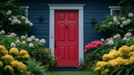 a red door on a wooden navy blue house with white trim the cottage has lush greenery around the entr