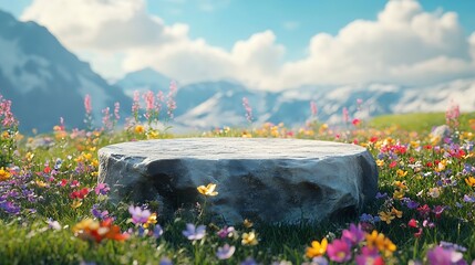 abstact 3d render spring scene and natural background stone podium on the colorful flowers and grass