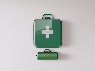 2408 136.A green first aid sign with a clear white cross hangs centered on a blank white wall. Directly below it, a green medical kit is fastened, the kitâ€™s compact design and visible handle