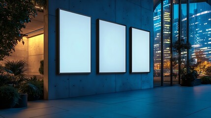 Poster - Triple Vertical digital Poster Mockup background in Sleek Modern Interior Blank white showcase screen on a wall inside an urban building Empty  advertisement display media panels for p : Generative AI