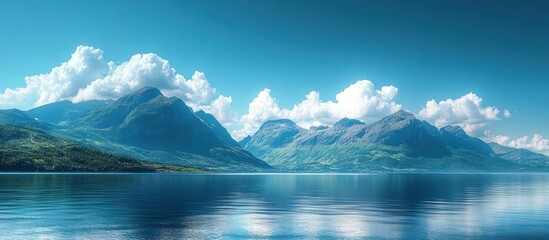 Wall Mural - a panoramic view of a serene lake with majestic mountains and a clear blue sky.