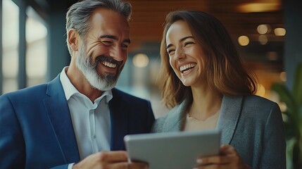 Leinwandbilder - Business people men and women laughing with tablet in office graphic joke or comic online Tech connection or collaboration of employees for funny game meme or creativity for company br : Generative AI