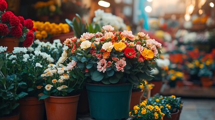 Wall Mural - Beautiful colorful flowers and plants in a pots in a Flower shop Selective focus : Generative AI