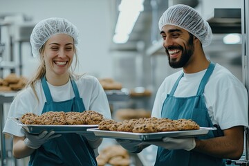 Two multi race bakers smiling and holding trays of cookies