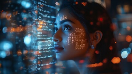 Fototapete - Thinking code hologram and woman with tablet data analysis digital technology and software overlay at night Programmer or Indian person with 3d screen programming stats and cybersecuri : Generative AI