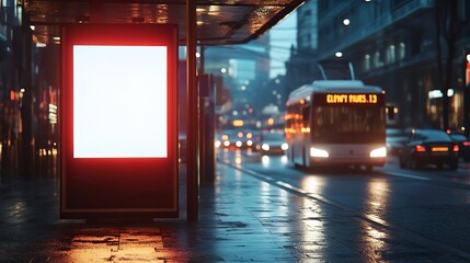 Poster - White bus stop billboard poster in a station with cars in moving in the background Front view mockup concept blank poster city traffic : Generative AI