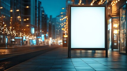 Poster - Blank White Bus Stop Vertical Billboard Mockup In Front Of An Empty Street Outdoor Advertising Lightbox On The Sidewalk : Generative AI