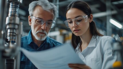 Poster - Female engineer reading technical documentation with project manager in modern industrial factory talking about new production project investment Team management in manufacturing facil : Generative AI