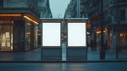 Poster - Mockup Of Empty Bus Stop Billboard In Front Of Luxury Store Two Blank Advertising Poster Sign Boards On The City Street : Generative AI