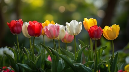 Poster - Mix of different colors tulip flowers blooming in flowerbed in garden on sunny day Red yellow and white tulips flowers with green leaves in meadow parkoutdoor Nature spring floral back : Generative AI