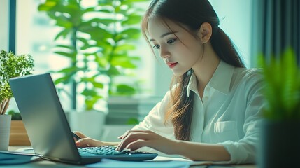 Leinwandbilder - Asian Business woman using calculator and laptop for doing math finance on an office desk tax report accounting statistics and analytical research concept : Generative AI
