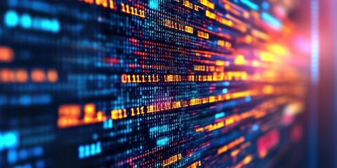 Abstract background with blue and orange binary code.