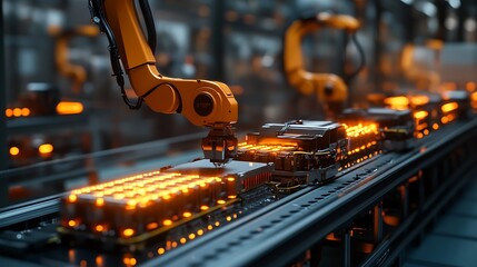 Poster - Modern EV Factory On Automated Production Line Robot Arms Transporting Automotive Battery Modules onto Conveyor Belt Electric Car Battery Pack Manufacturing Process : Generative AI