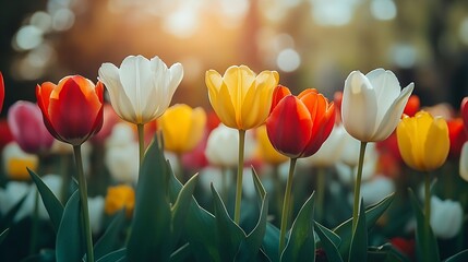 Poster - Mix of different colors tulip flowers blooming in flowerbed in garden on sunny day Red yellow and white tulips flowers with green leaves in meadow parkoutdoor Nature spring floral back : Generative AI