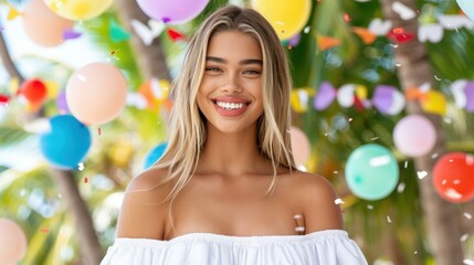 Young woman with flowing blonde hair dances joyfully at a vibrant beach bar, embracing summer vibes and happiness.