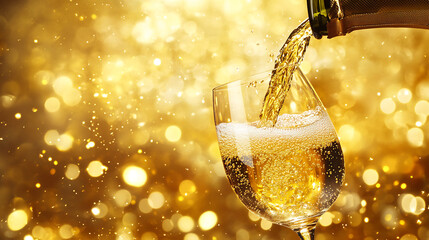 champagne being poured into a glass against a backdrop of glowing golden bokeh lights, evoking celeb