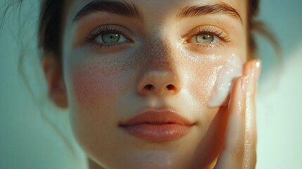 Wall Mural - Cropped young beautiful woman with healthy skin taking care of face with cream Close up portrait : Generative AI