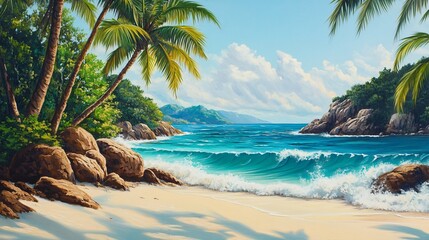 Palm trees frame a beautiful tropical beach with white sand, turquoise water, and breaking waves.