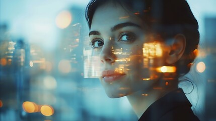 Aufkleber - Business people double exposure and woman with presentation coaching and city lights with information Corporate professional or overlay with happy employee brainstorming and mentor wit : Generative AI