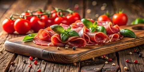 Aromatic cured meat slices arranged on a rustic wooden board, accompanied by vibrant red tomatoes and fresh green basil leaves.