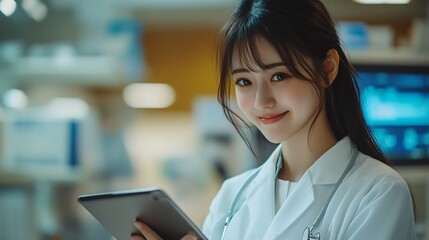 Aufkleber - Tablet healthcare doctor and happy woman typing online research medicine study and smile for wellness test exam results Hospital web info scroll and nurse reading clinic review feedbac : Generative AI