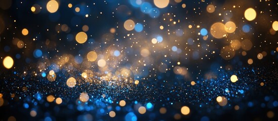 Sticker - Abstract bokeh background with gold and blue glowing lights on black backdrop.