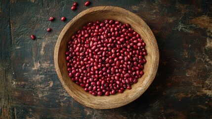 A bowl of red beans on a wooden table.