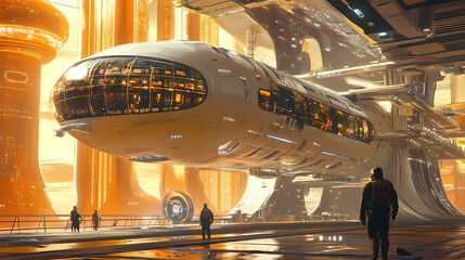 Wall Mural - Ai-powered space tourism spacecraft docking at an orbital station: tourists in a futuristic spaceship preparing to dock at a luxurious space hotel. Starship Dock. Illustration